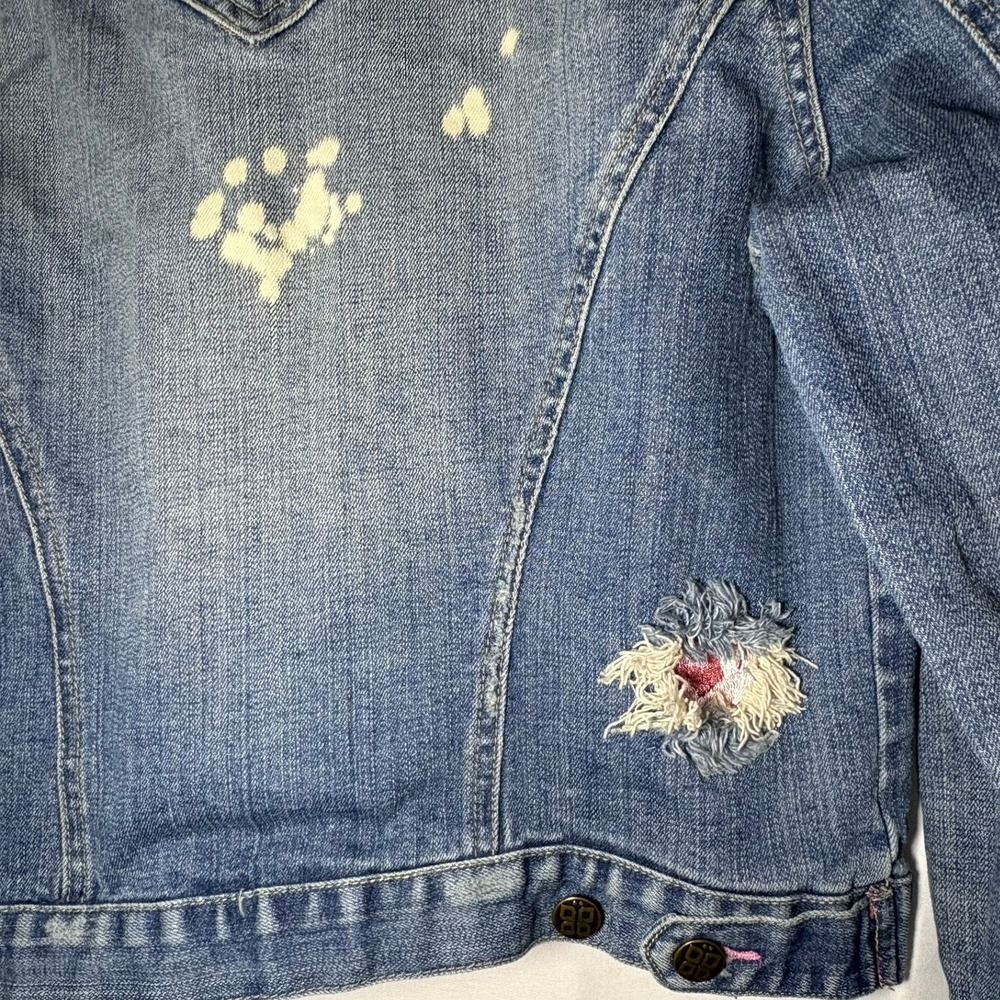Vintage‎ Plugg Denim Jacket Womens Blue Distressed Bleach Floral Y2K Trucker - Picture 3 of 10